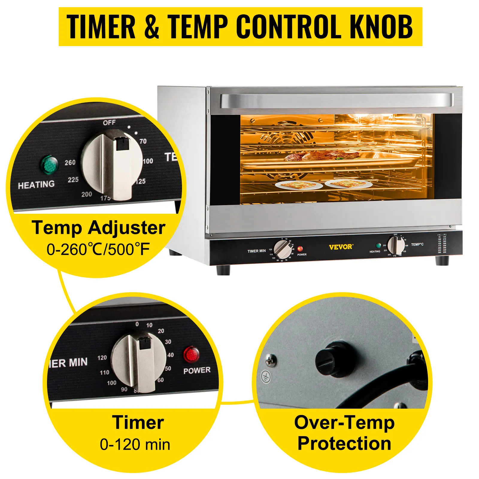 Horno de convección comercial VEVOR con perilla de control de temperatura, temporizador y protección contra sobretemperatura.