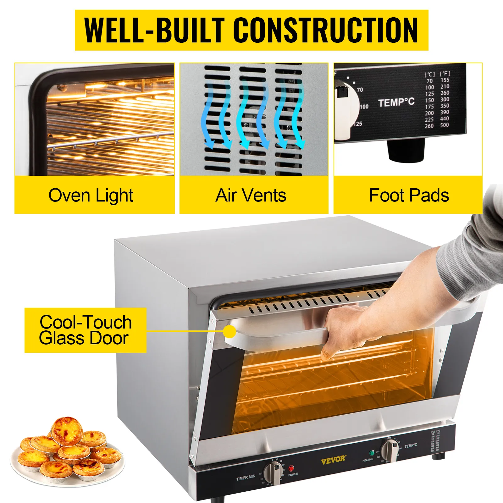 Horno de convección comercial VEVOR con luz de horno, rejillas de ventilación y puerta fría al tacto.