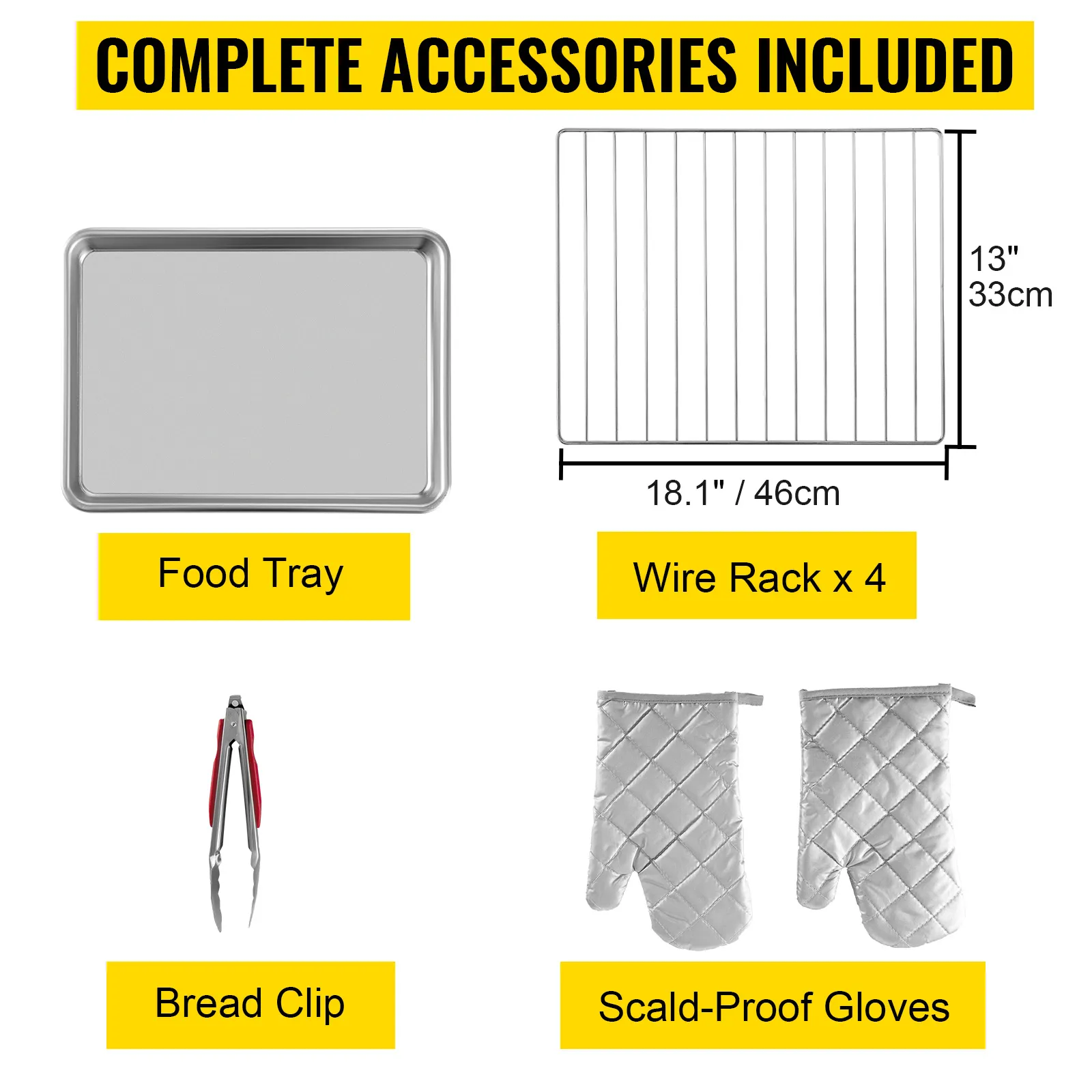 Accesorios completos para horno de convección comercial VEVOR: bandeja de alimentos, rejillas de alambre, pinza para pan, guantes.
