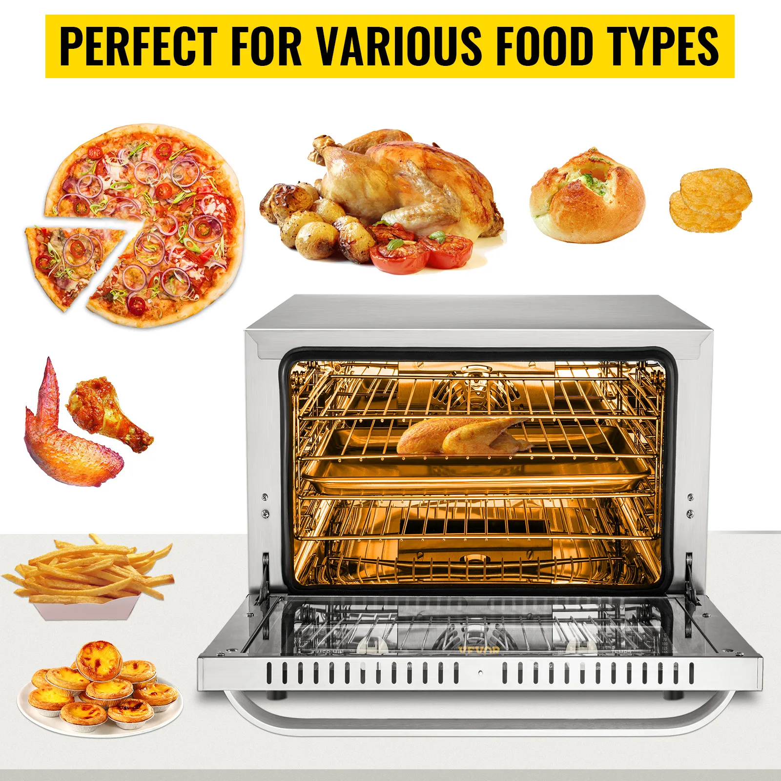 Horno de convección comercial VEVOR con varios tipos de alimentos, incluidas pizza, pollo y papas fritas.