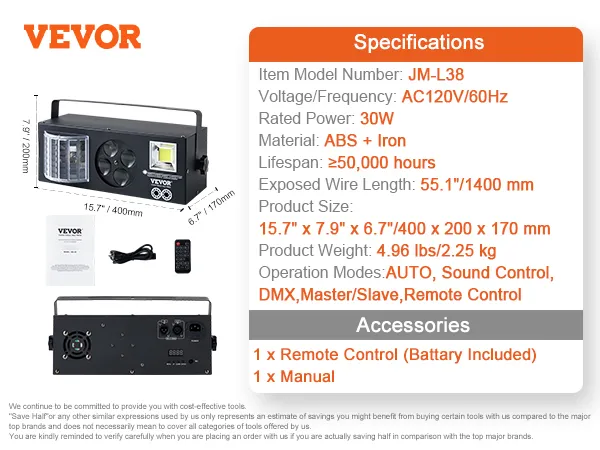 Luces de escenario VEVOR, modelo jm-l38, especificaciones: ac120v, 30w, abs+hierro, múltiples fuentes de luz, control remoto.