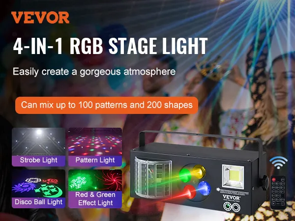Luces de escenario VEVOR 4 en 1 RGB para efectos de fiesta vibrantes, que incluyen luz estroboscópica, patrón, bola de discoteca y luz roja-verde.