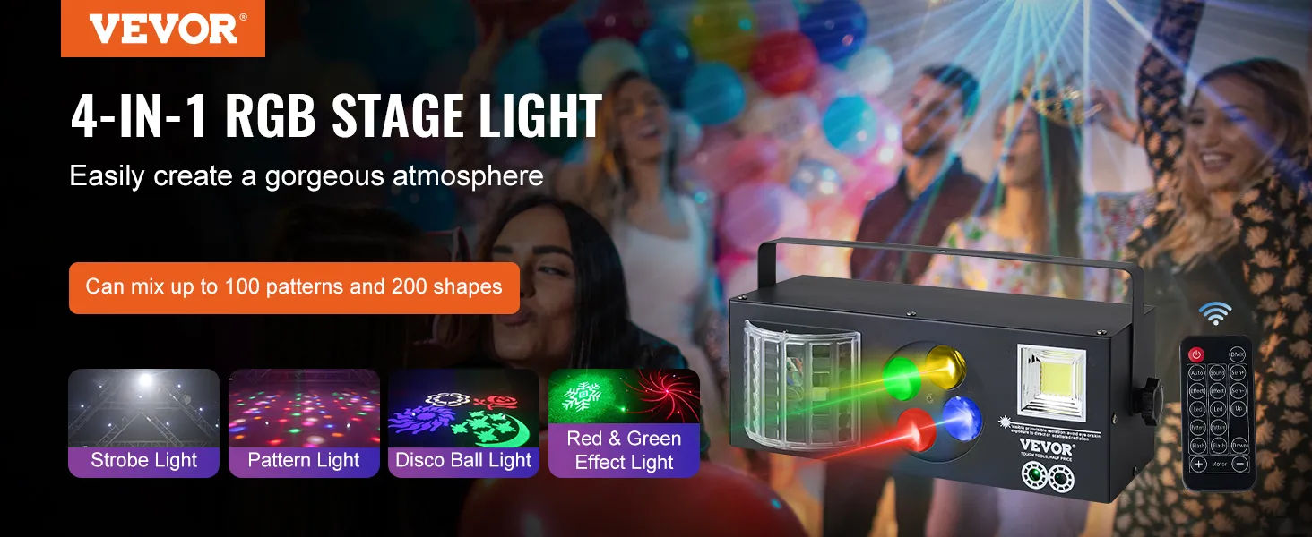 Luces de escenario VEVOR 4 en 1 RGB para efectos de fiesta vibrantes, que incluyen luz estroboscópica, patrón, bola de discoteca y luz roja-verde.