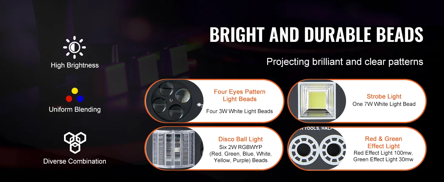 Luces de escenario VEVOR con alto brillo, mezcla uniforme y diversas combinaciones de perlas de luz.