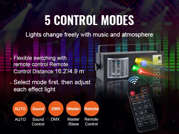 5 modos de control para luces de escenario VEVOR, control remoto flexible, colores vibrantes, sincronización de música.
