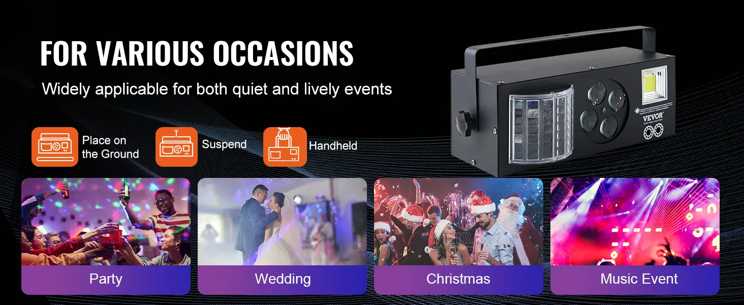 Luces de escenario VEVOR adecuadas para diversas ocasiones, incluidas fiestas, bodas, Navidad y eventos musicales.