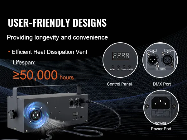 Las luces de escenario VEVOR cuentan con una eficiente disipación de calor, un panel de control, DMX y puertos de alimentación para una mayor durabilidad.