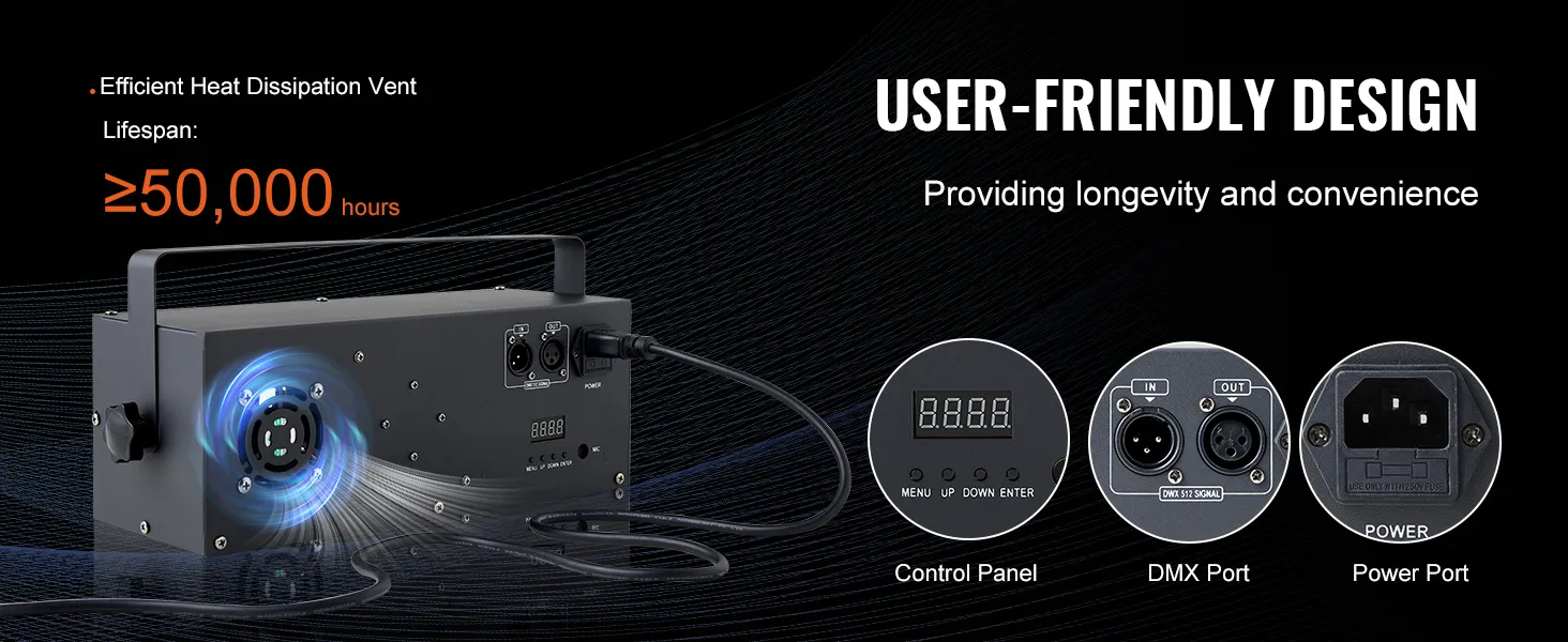 VEVOR stage lights feature efficient heat dissipation, a control panel, dmx and power ports for longevity.