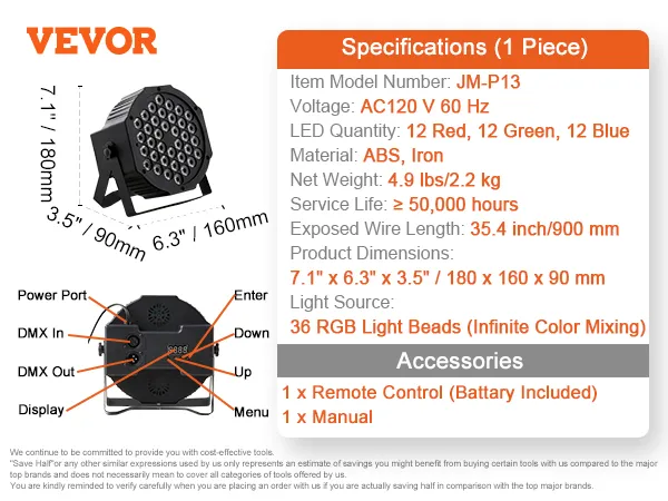 Especificaciones de la luz de escenario VEVOR con control remoto, manual y dimensiones detalladas.