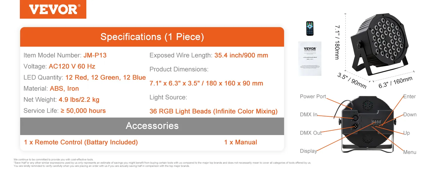Especificaciones de la luz de escenario VEVOR con control remoto, manual y dimensiones detalladas.