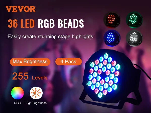 Luz de escenario VEVOR; 36 cuentas LED RGB, 255 niveles de brillo, brillo máximo, impresionantes reflejos del escenario.