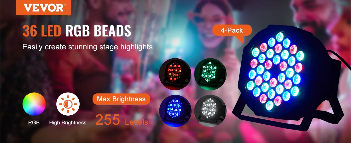 Luz de escenario VEVOR; 36 cuentas LED RGB, 255 niveles de brillo, brillo máximo, impresionantes reflejos del escenario.