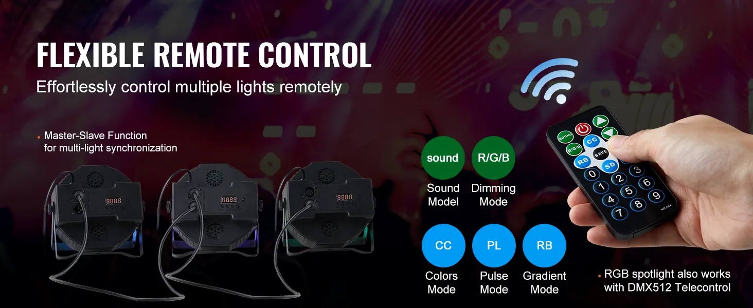 Luz de escenario VEVOR controlada a distancia con sincronización, foco RGB y varios modos de iluminación.