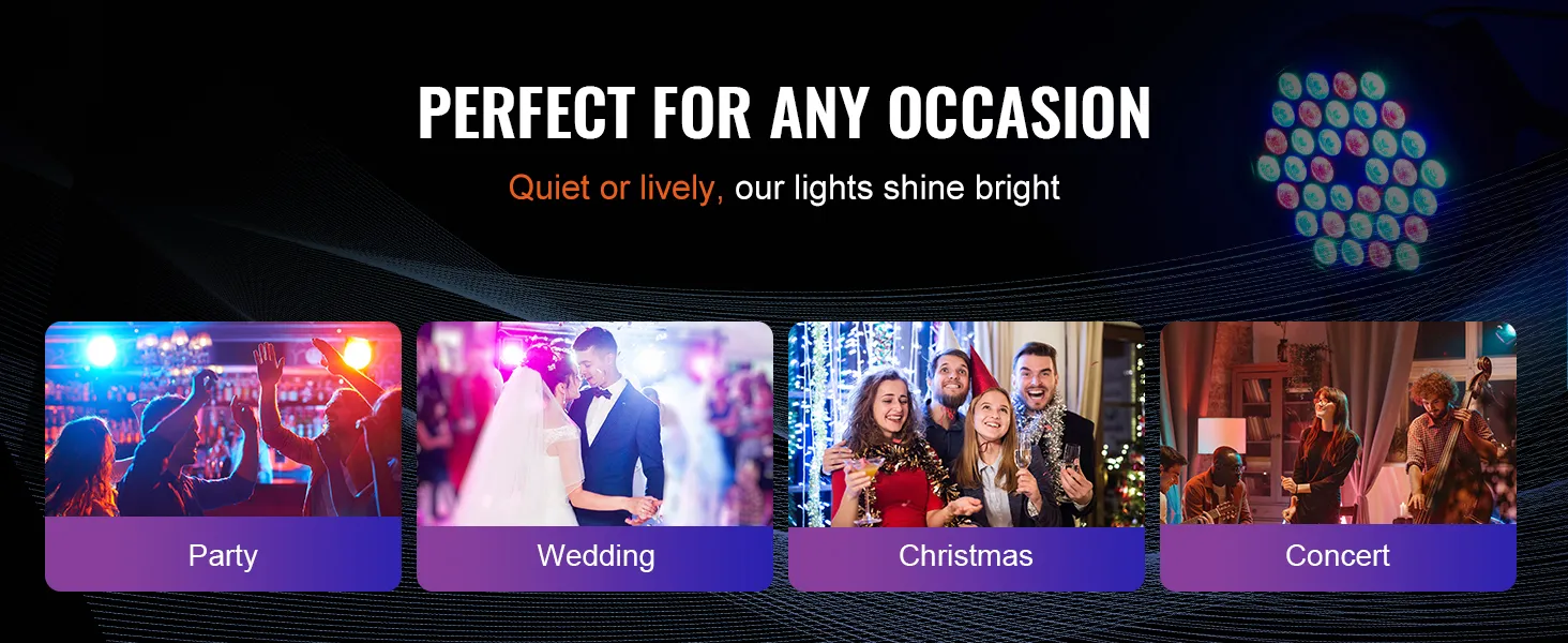 Luz de escenario VEVOR para fiestas, bodas, navidad, conciertos con iluminación ambiental brillante.