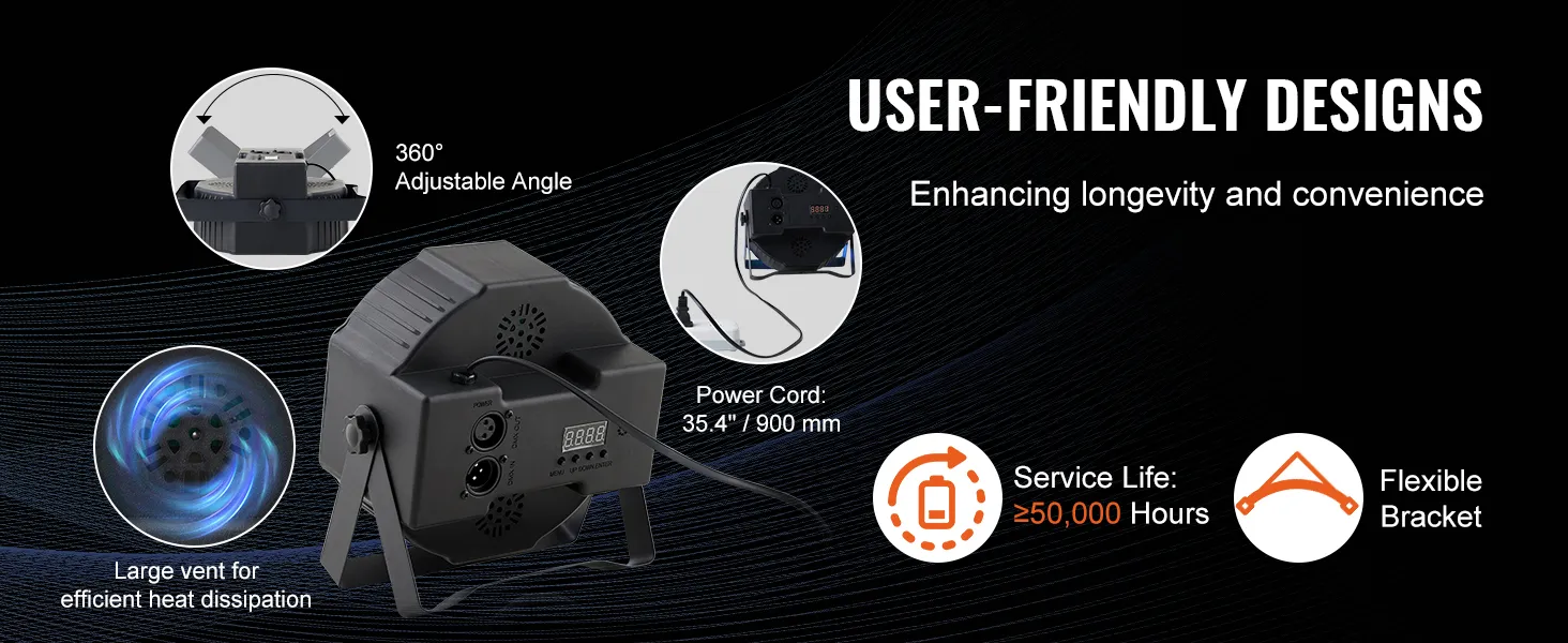 Luz de escenario VEVOR con ángulo ajustable de 360°, ventilación grande y un cable de alimentación de 35,4" para un uso eficiente.