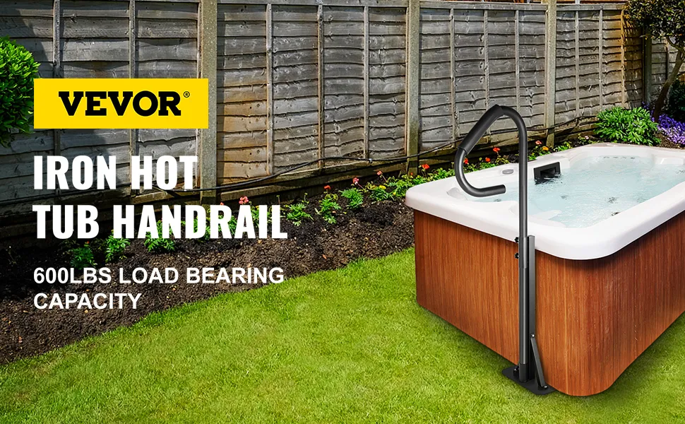 VEVOR hot tub handrail with 600lbs load bearing capacity next to a wooden hot tub.