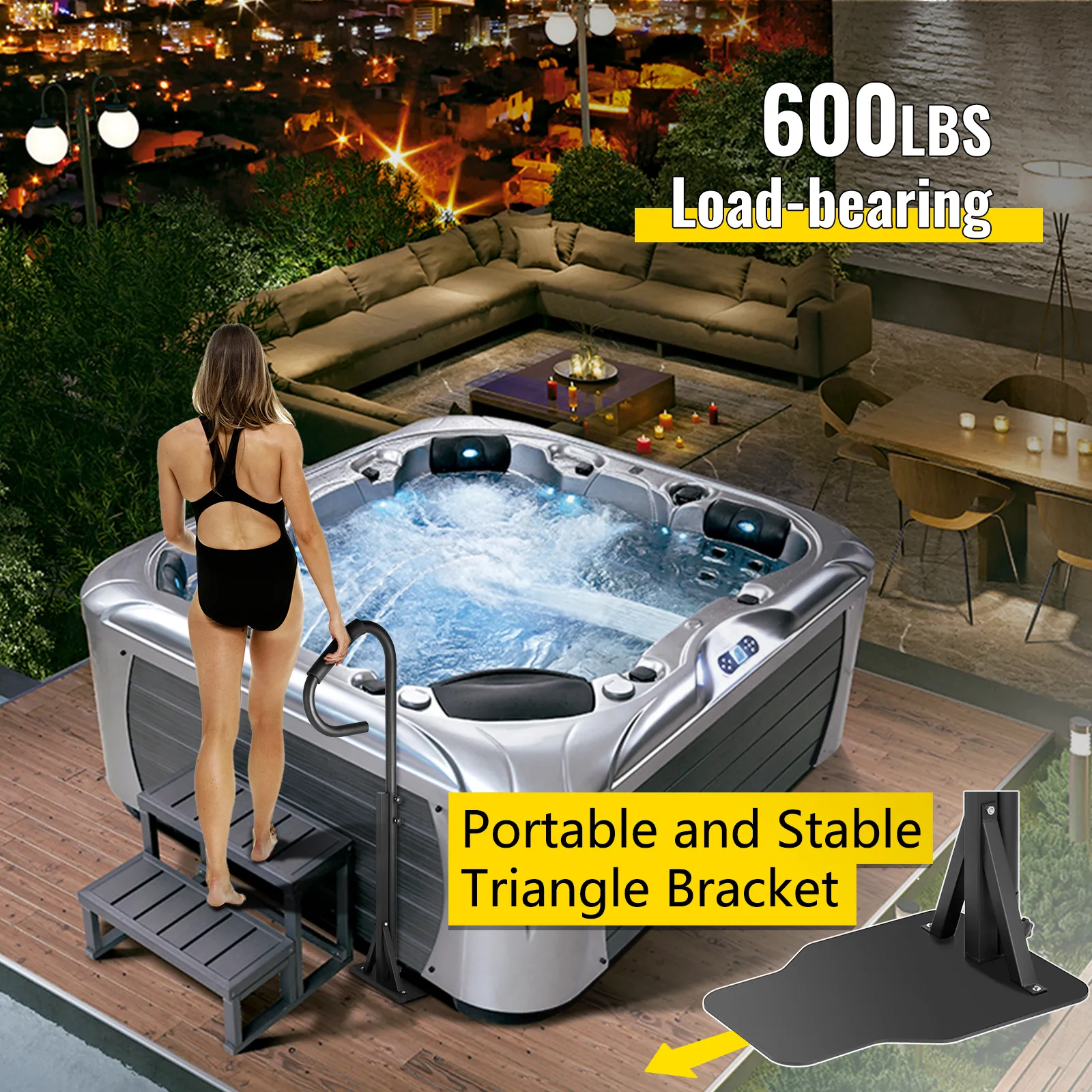 VEVOR hot tub handrail with triangle bracket beside a hot tub on a wooden deck at night.