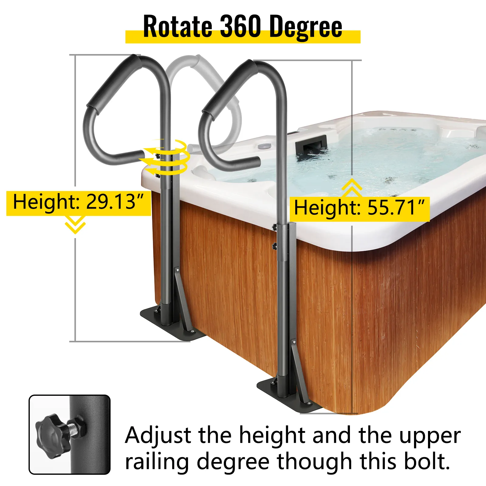 hot tub with VEVOR hot tub handrail, height adjustable, rotating 360 degrees.