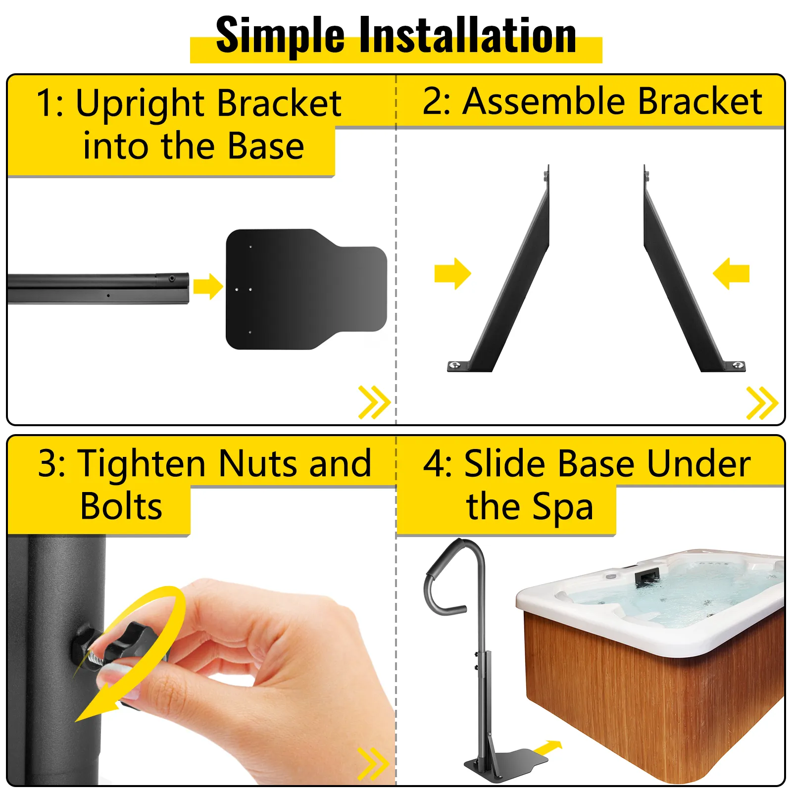 VEVOR hot tub handrail installation steps: insert bracket, assemble, tighten bolts, slide base under spa.