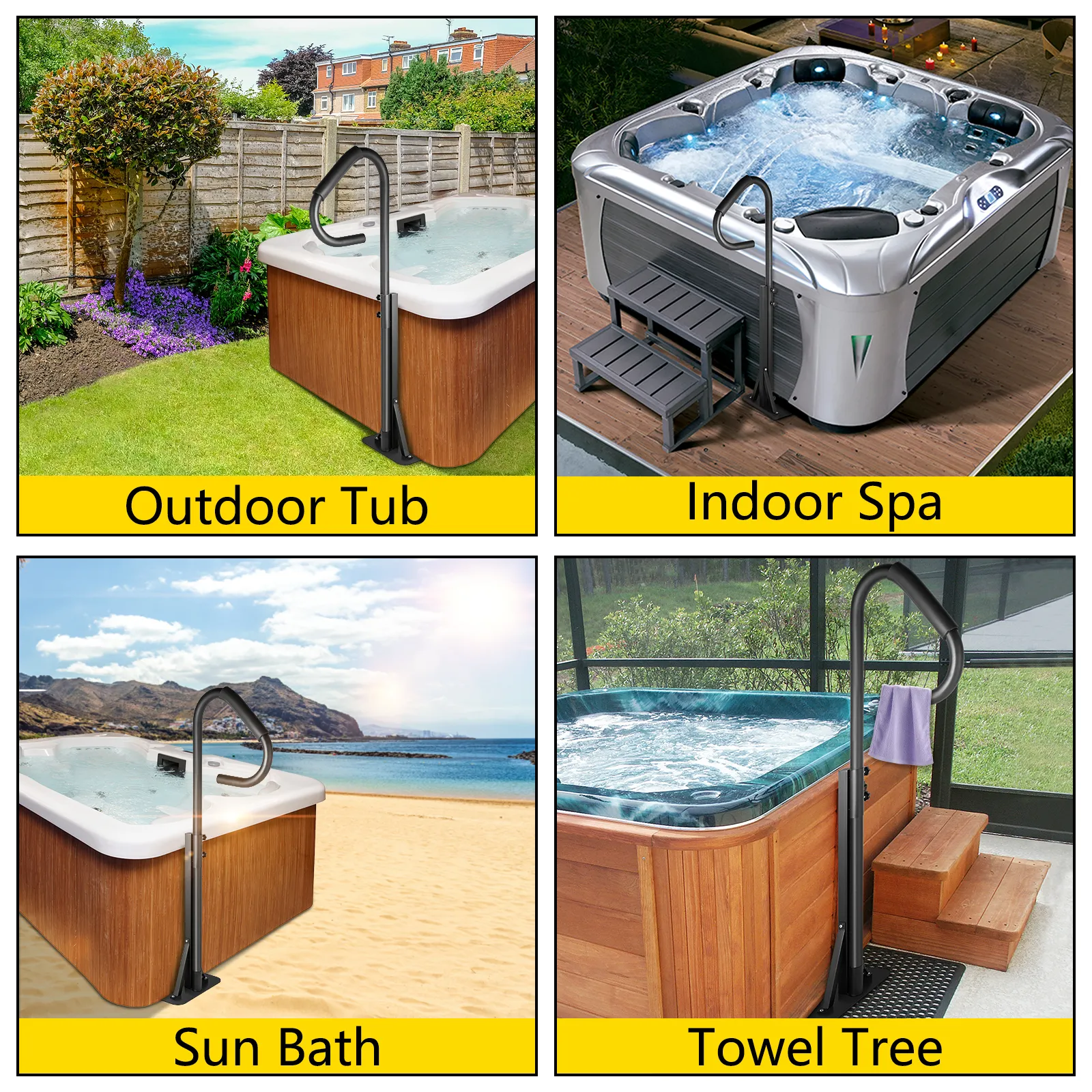 VEVOR hot tub handrail installed in various settings: outdoor tub, indoor spa, beach, and patio.