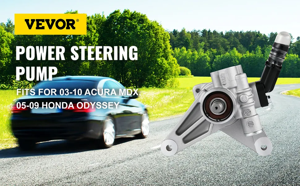 VEVOR power steering pump for acura mdx 03-10 and honda odyssey 05-09 on a scenic road.