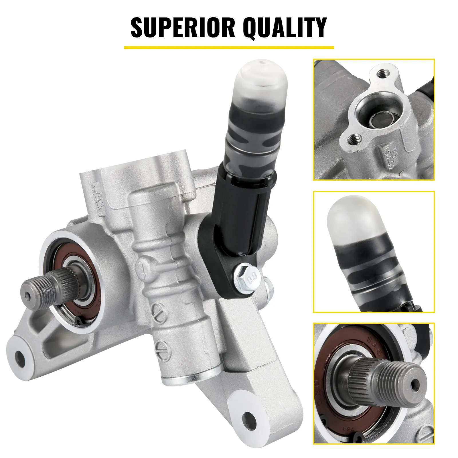 VEVOR power steering pump with detailed close-ups, showcasing superior quality.