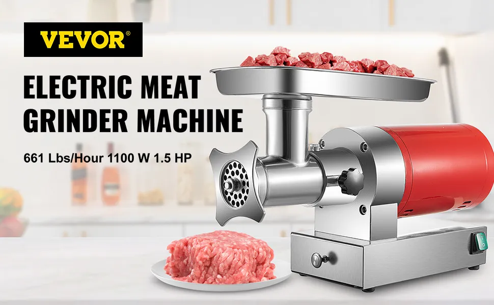 VEVOR electric meat grinder in kitchen with ground meat and meat tray.