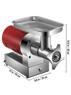 VEVOR electric meat grinder with red motor, stainless steel tray, and size details.