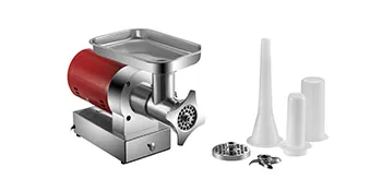 VEVOR electric meat grinder with red casing, metal tray, and multiple plastic attachments