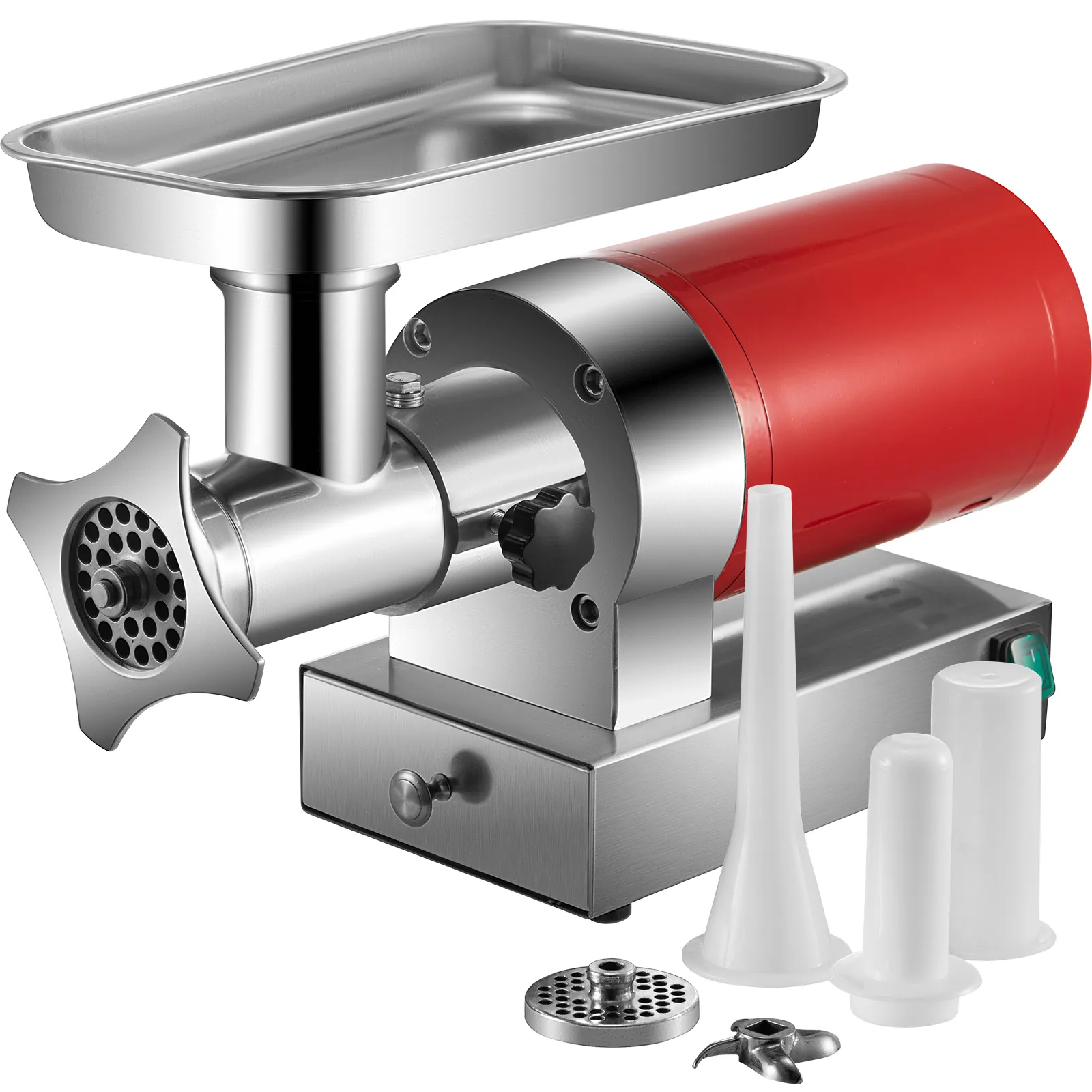 VEVOR electric meat grinder with red motor, stainless steel body, and accessories.