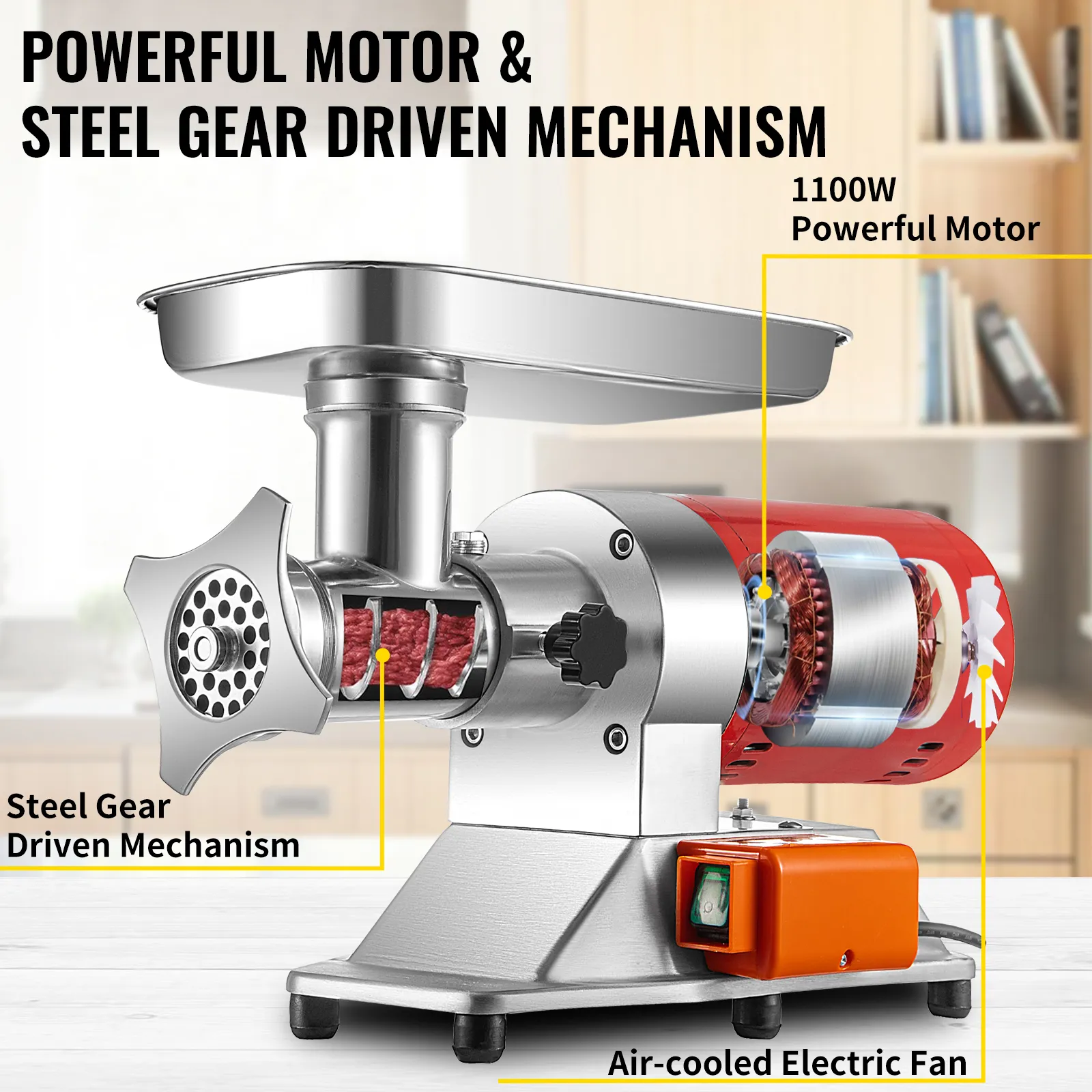 VEVOR electric meat grinder with powerful motor and steel gear-driven mechanism.