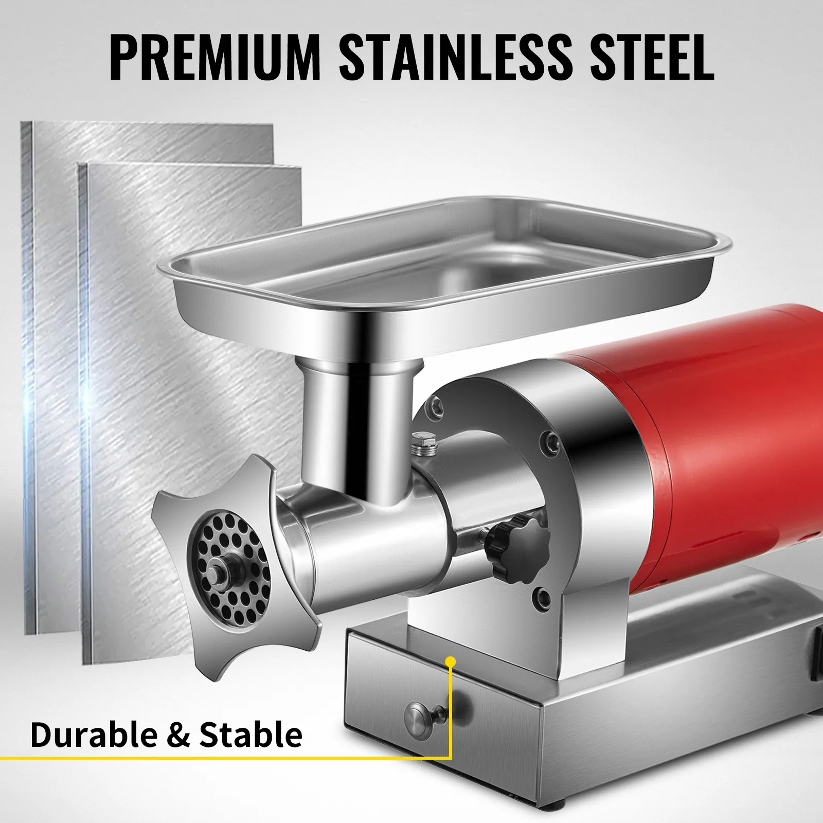 VEVOR electric meat grinder with stainless steel body, red motor, and durable design.