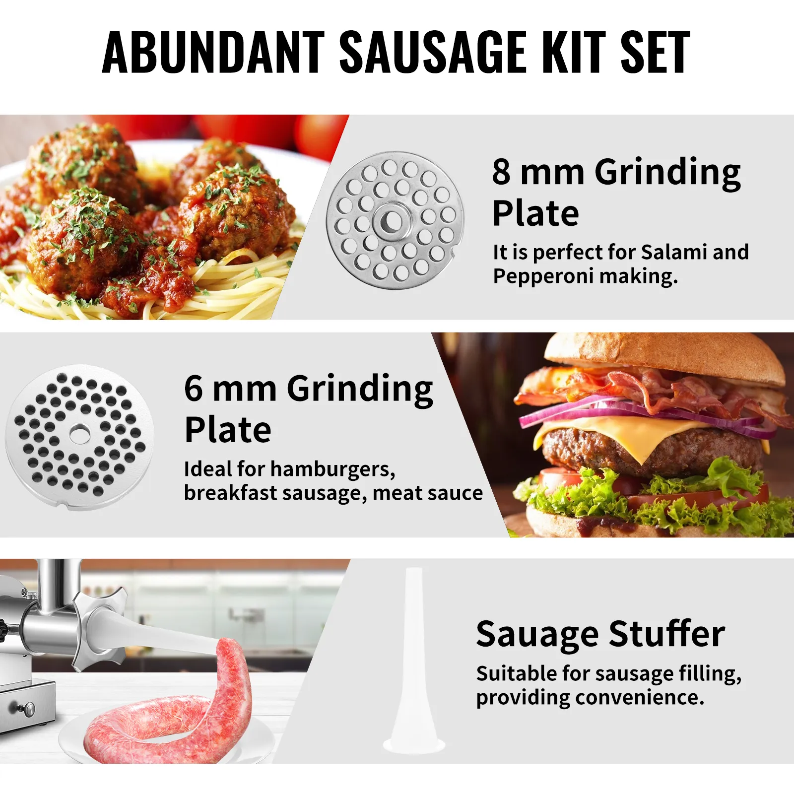 VEVOR electric meat grinder sausage kit with grinding plates and sausage stuffer.