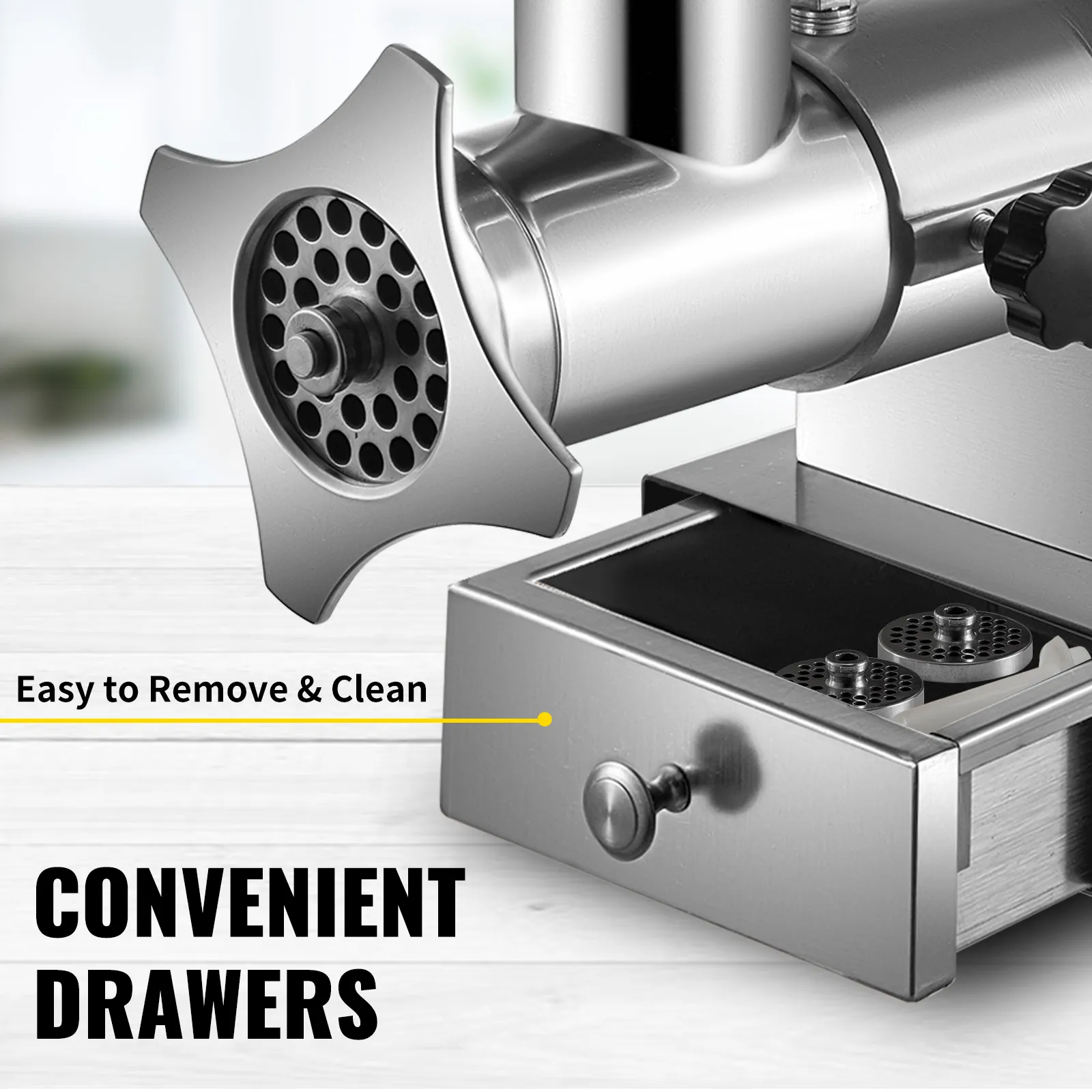 VEVOR electric meat grinder, stainless steel with convenient storage drawers.