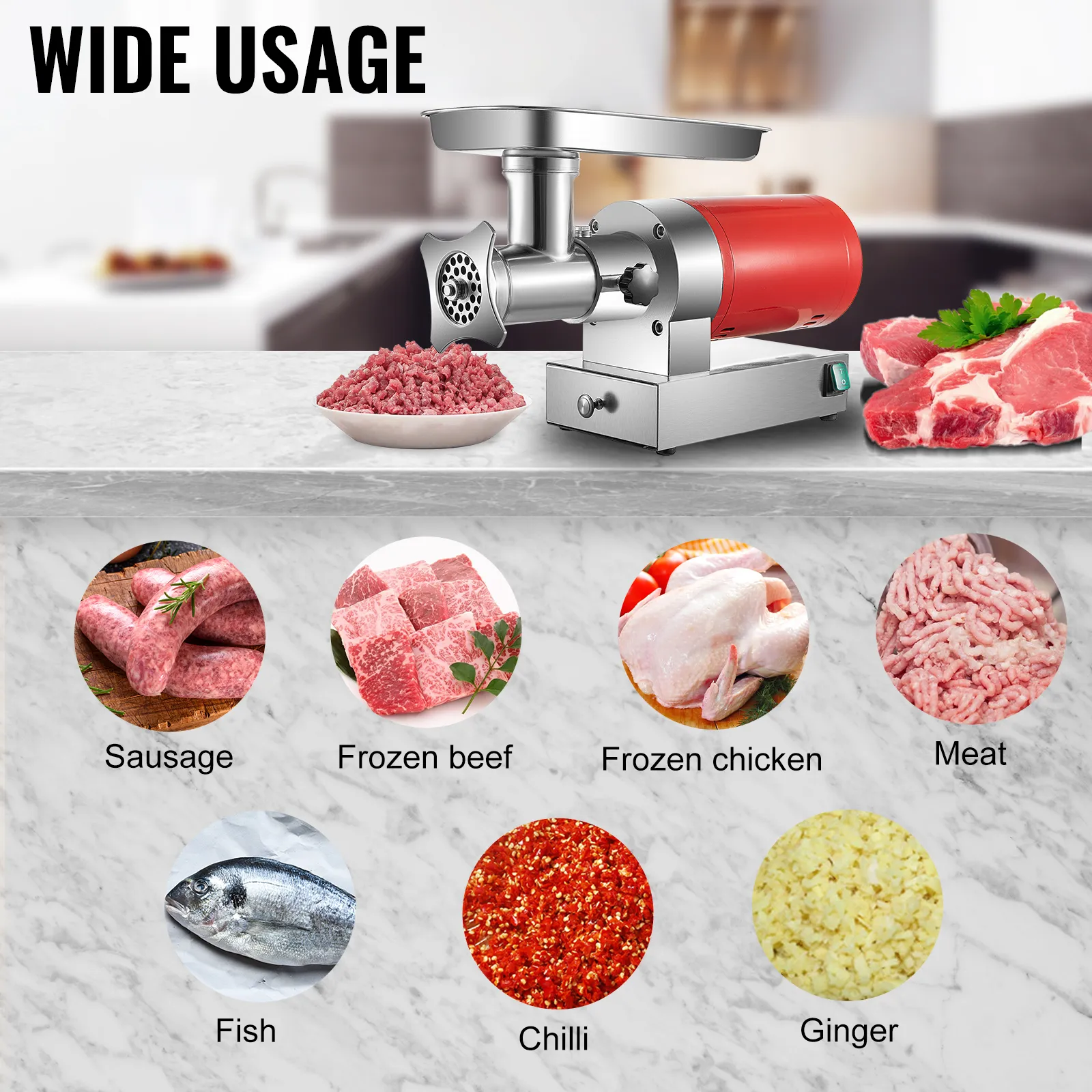 VEVOR electric meat grinder with various meats, fish, chilli, and ginger on a kitchen counter.