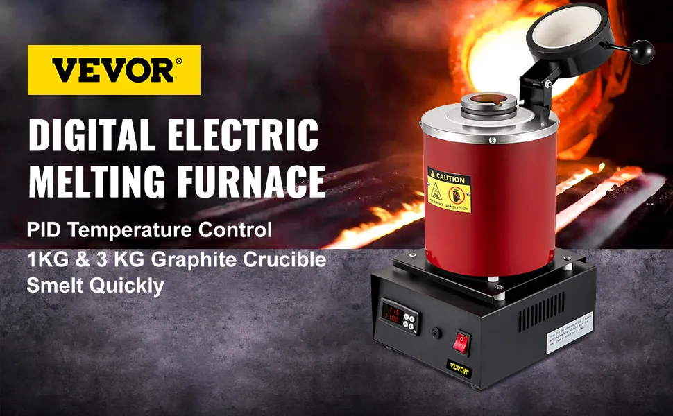 Horno de fusión eléctrico VEVOR con control de temperatura PID, crisoles de grafito de 1 kg y 3 kg.