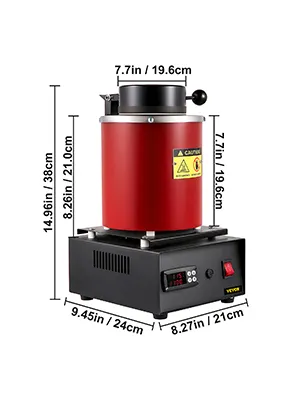 Horno de fusión eléctrico VEVOR con control de temperatura y etiquetas de advertencia de seguridad.