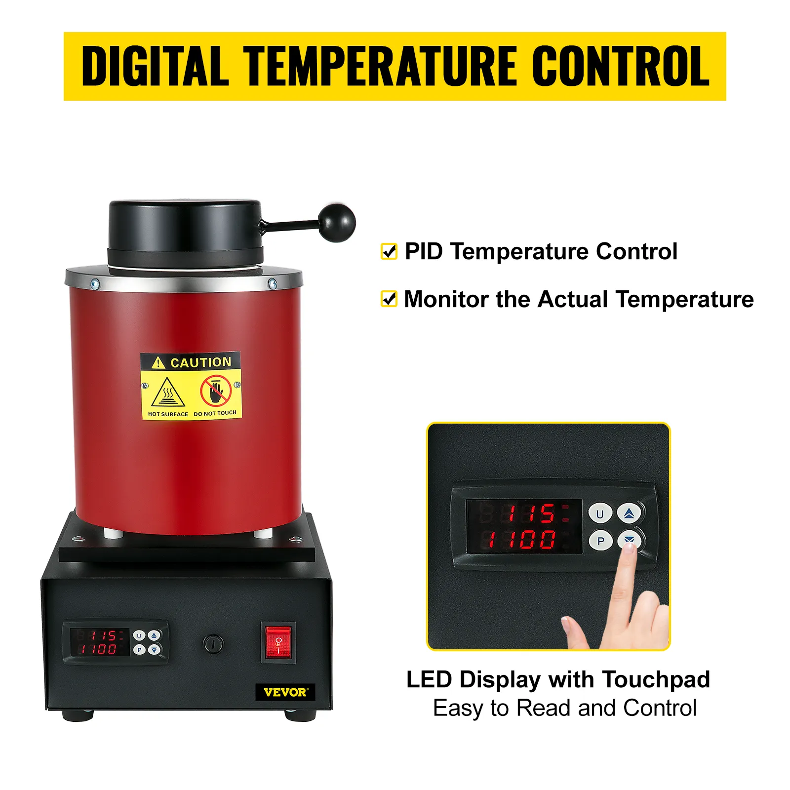 Horno de fusión eléctrico VEVOR con control de temperatura digital, pantalla LED y panel táctil.
