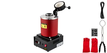 Horno de fusión eléctrico VEVOR con unidad de control, pinzas, guantes y accesorios.