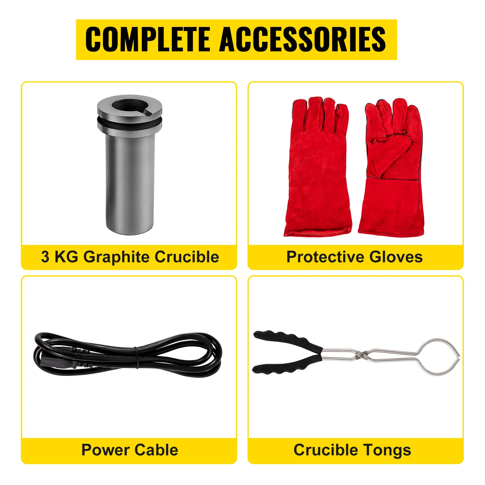 Accesorios para horno de fusión eléctrico VEVOR: crisol de grafito, guantes, cable de alimentación, pinzas.