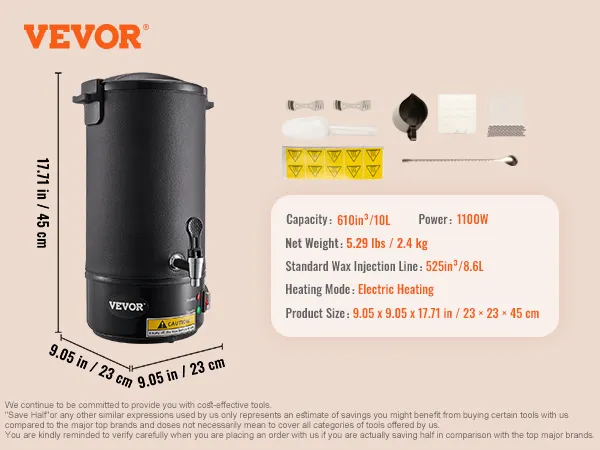 Fundidor de cera VEVOR, capacidad 10l, potencia 1100w, calentamiento eléctrico, incluye accesorios.