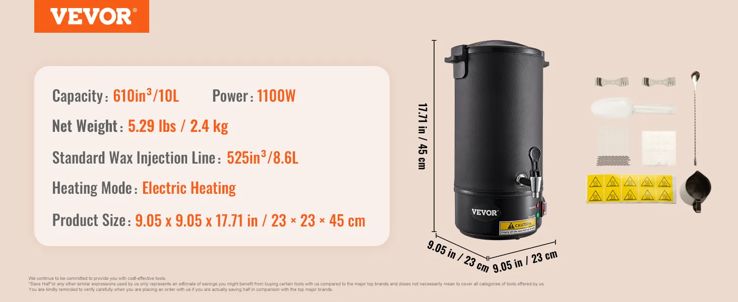 Fundidor de cera VEVOR, capacidad 10l, potencia 1100w, calentamiento eléctrico, incluye accesorios.