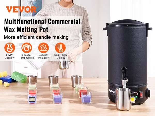 Fundidor de cera VEVOR: fabricación eficiente de velas con gran capacidad, control de temperatura de 9 modos y pantalla de temperatura dual.