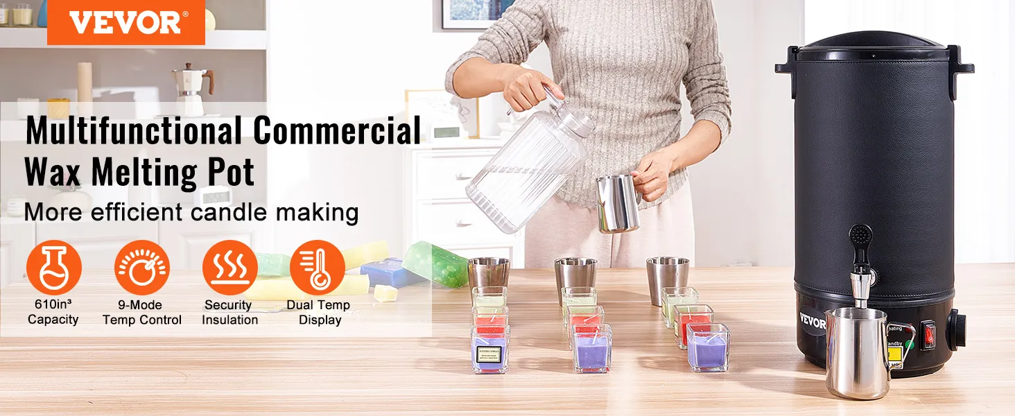 Fundidor de cera VEVOR: fabricación eficiente de velas con gran capacidad, control de temperatura de 9 modos y pantalla de temperatura dual.