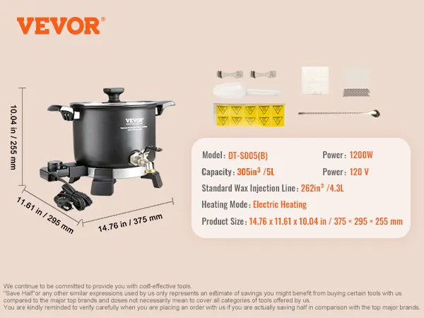 VEVOR wax melter dt-s005(b), 305in³ capacity, 1200w power, 120v, electric heating, dimensions 14.76"x11.61".