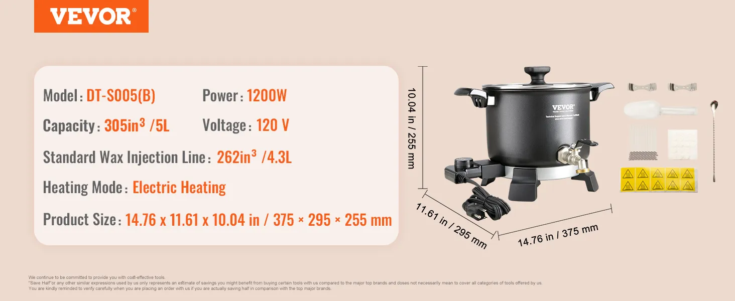 VEVOR wax melter dt-s005(b), 305in³ capacity, 1200w power, 120v, electric heating, dimensions 14.76"x11.61".