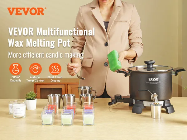 VEVOR wax melter demonstrating candle making with melting controls, metal cups, and colorful wax blocks.