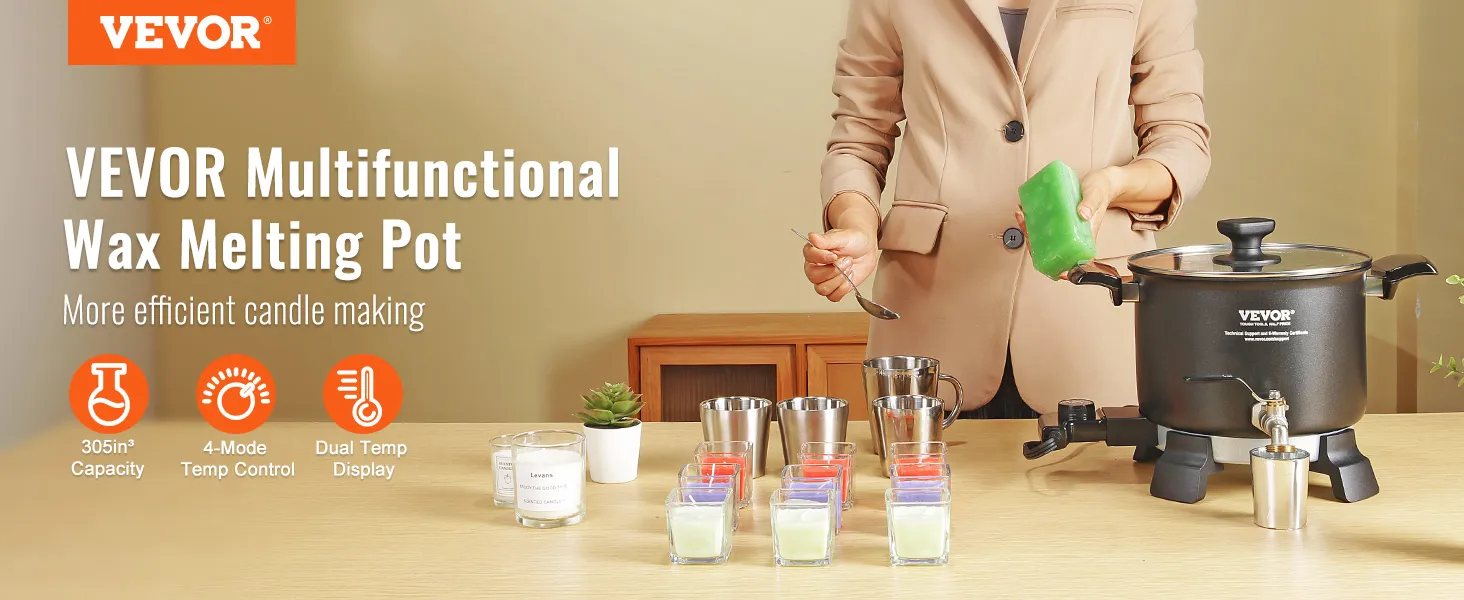 VEVOR wax melter demonstrating candle making with melting controls, metal cups, and colorful wax blocks.