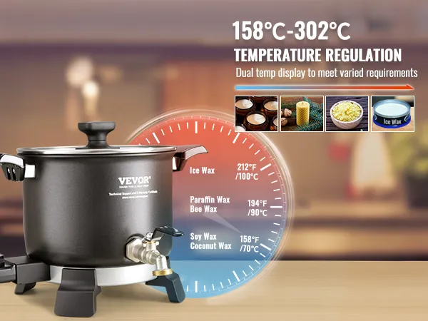 VEVOR wax melter with dual temperature display, adjustable from 158°c to 302°c, for various wax types.