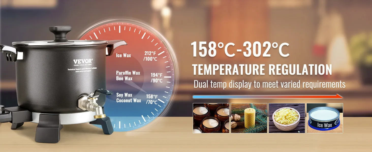 VEVOR wax melter with dual temperature display, adjustable from 158°c to 302°c, for various wax types.